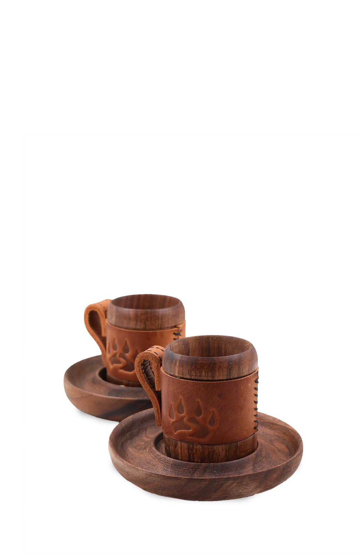 Black Bears Vejetal Deri Kaplı Ceviz Ağacı Kahve Fincanı Ve Deri Çanta