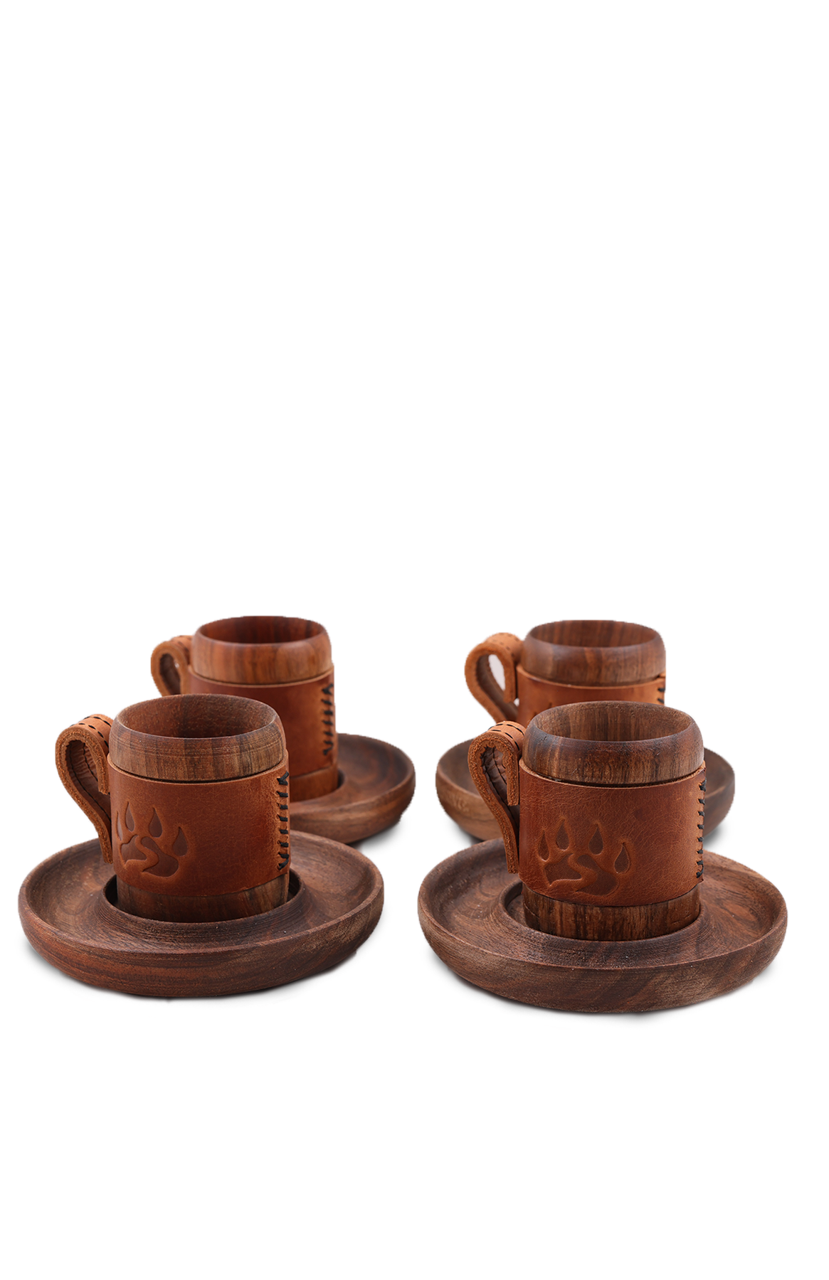 Black Bears Vejetal Deri Kaplı Ceviz Ağacı Kahve Fincanı Ve Deri Çanta