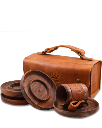 Black Bears Vejetal Deri Kaplı Ceviz Ağacı Kahve Fincanı Ve Deri Çanta