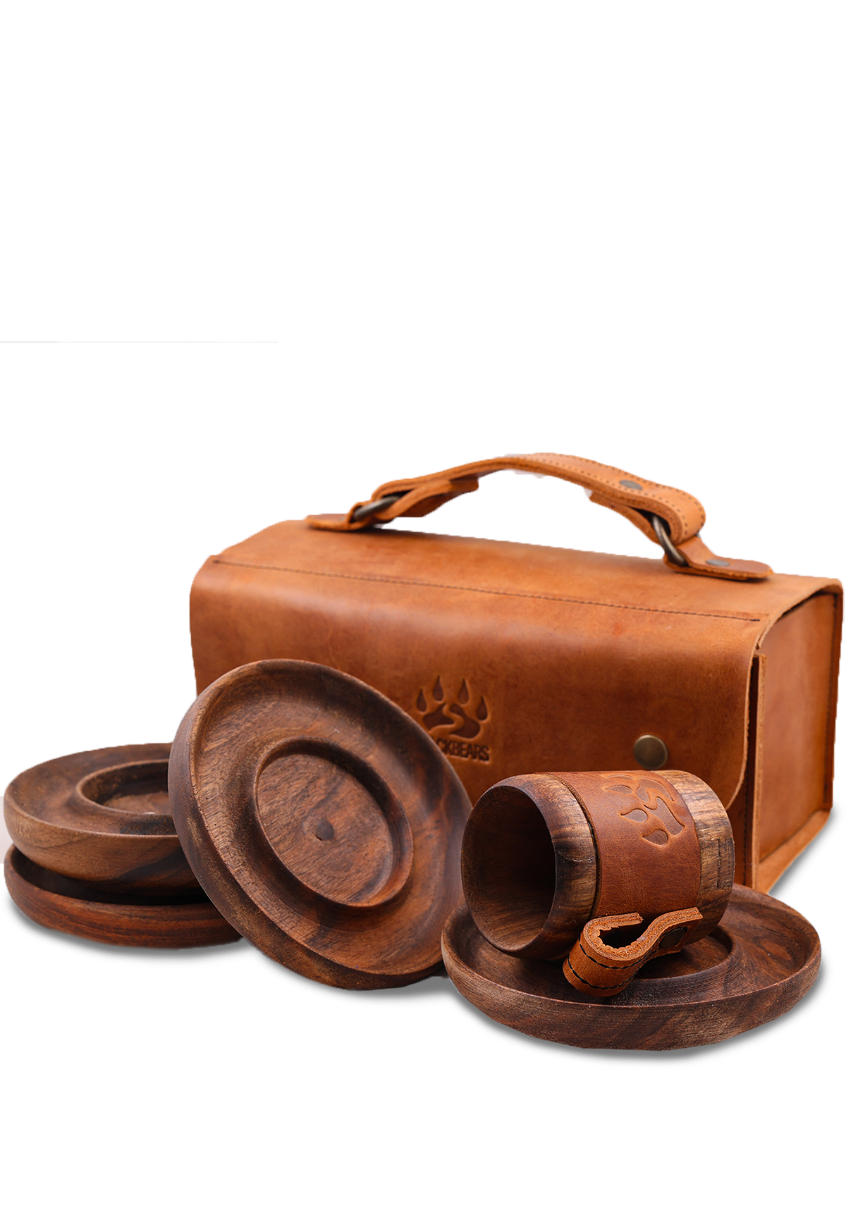 Black Bears Vejetal Deri Kaplı Ceviz Ağacı Kahve Fincanı Ve Deri Çanta