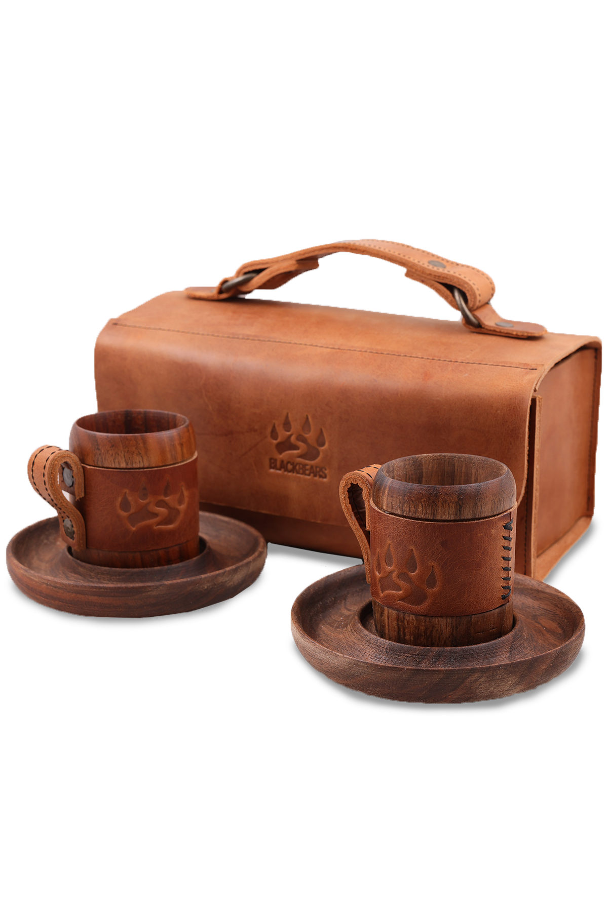 Black Bears Vejetal Deri Kaplı Ceviz Ağacı Kahve Fincanı Ve Deri Çanta