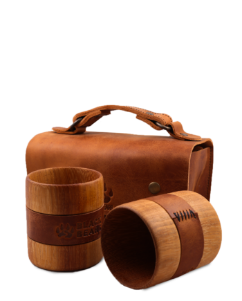 Black Bears Vejetal Deri Kaplı Tik Ağacı Kuksa Viski Bardağı Ve Deri Çanta