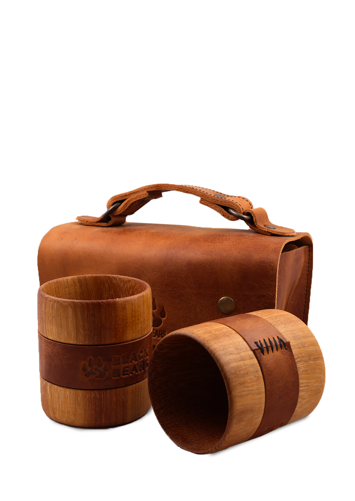 Black Bears Vejetal Deri Kaplı Tik Ağacı Kuksa Viski Bardağı Ve Deri Çanta