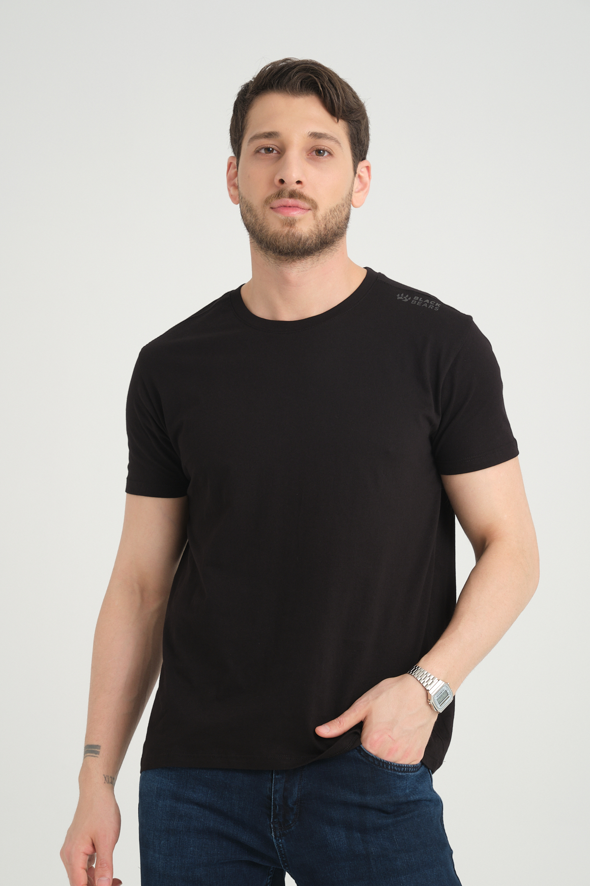 Black Bears Minimal Baskı Erkek Pamuklu Bisiklet Yaka Tişört